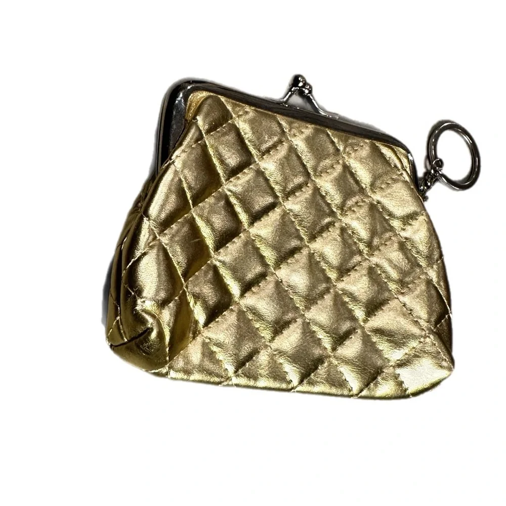Vintage Quilted Gold Metallic Kiss-Lock Coin Purse Keychain